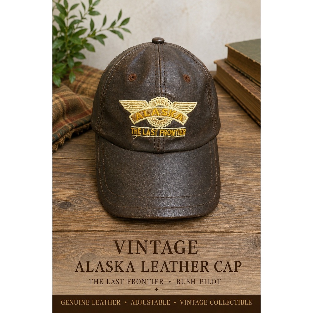 Vintage Alaska Bush Pilot Leather Baseball Cap Streetwear Americana Outdoorsman